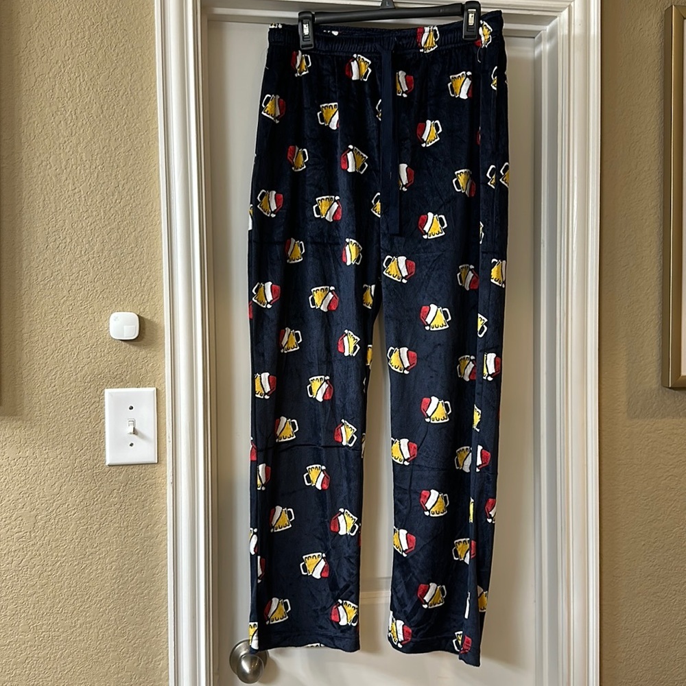Men’s large Christmas hat beer mugs sleep lounge‎ pants dark blue velvet feel
